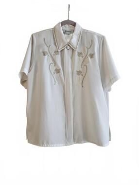 Vintage Joanna Gold Embroidered Ivory Short Sleeve Blouse with Shoulder Pads MED
